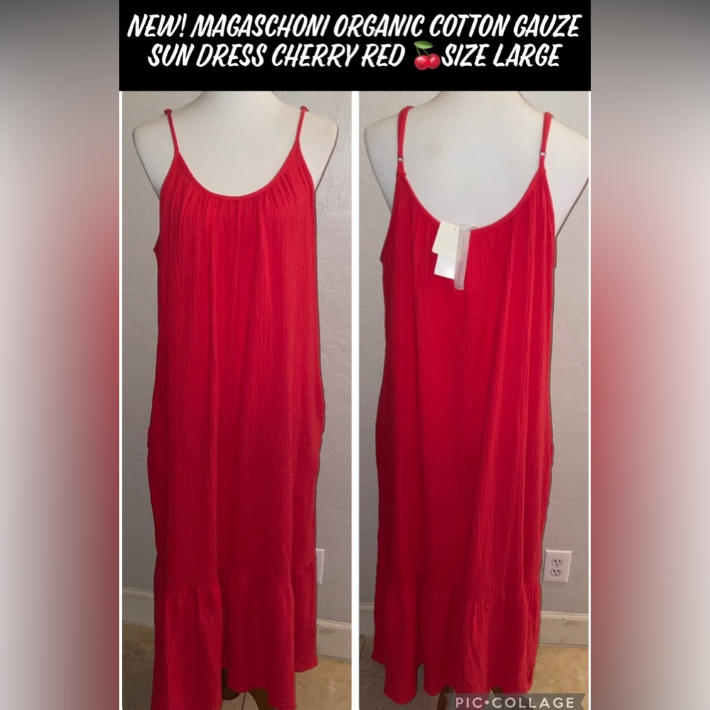 New! Magaschoni Pure Organic Cotton Gauze Sun Dress Cherry Red 🍒Size Large
